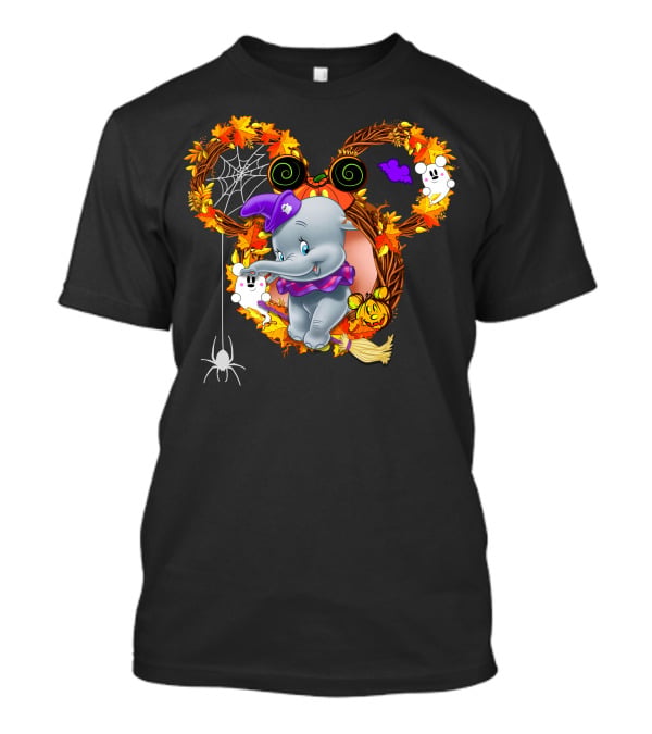 Dumbo Halloween Mickey Ears Fall Leaves Wreath With Ghosts And Spider Web T-Shirt