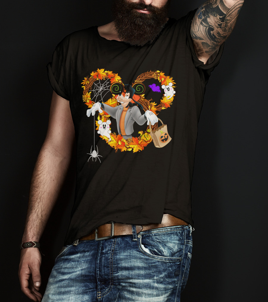 Halloween Goofy In Heart Of Autumn Leaves With Ghosts And Spider T-Shirt