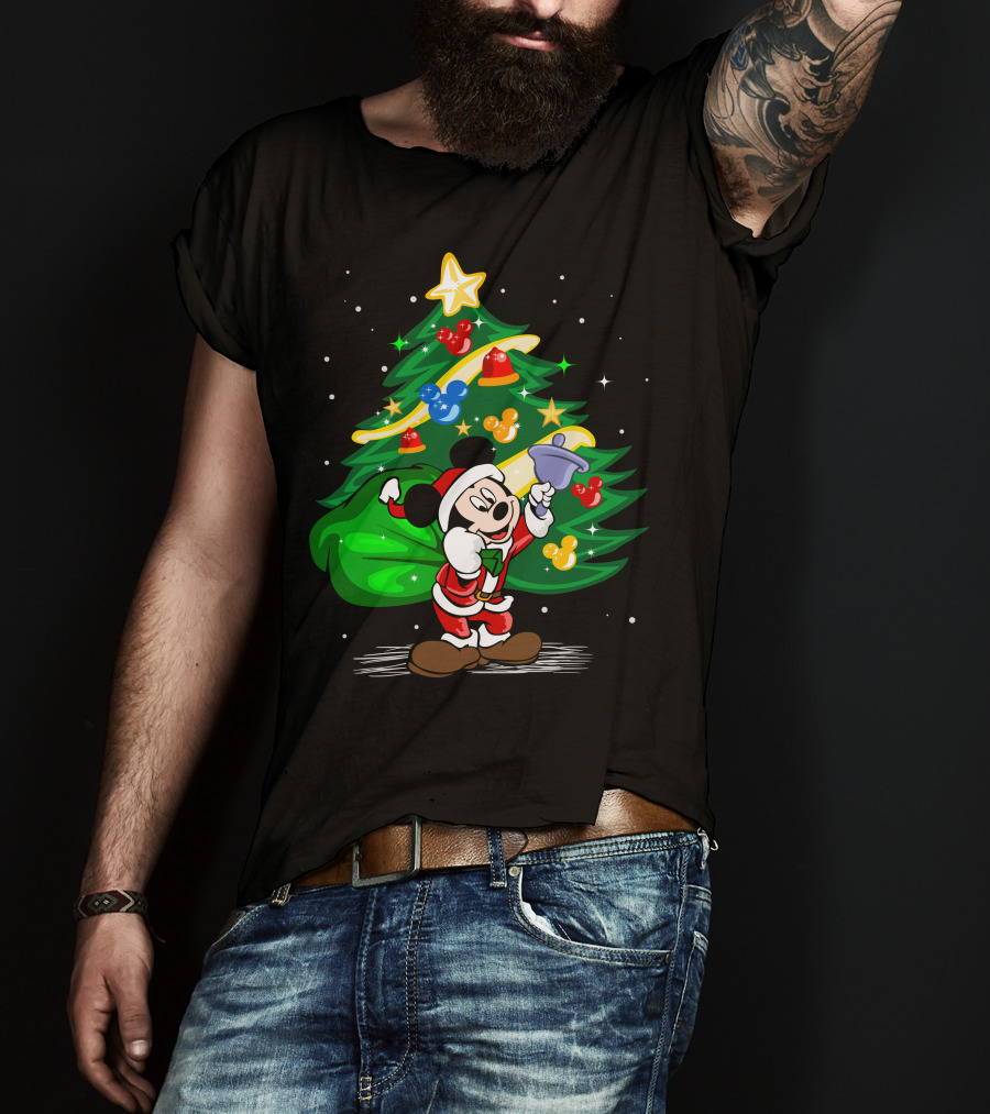 Mickey Mouse Santa With Christmas Tree And Ornaments T-Shirt