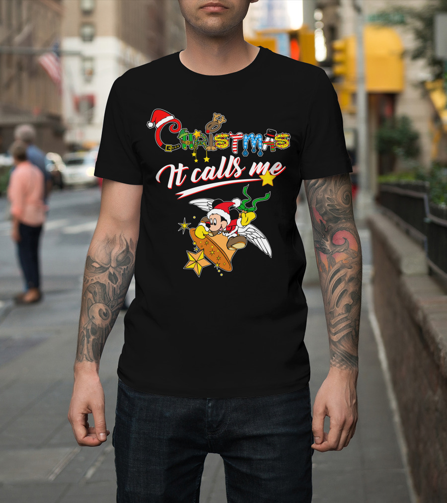 Christmas It Calls Me Mickey Santa Hat Winged Bell T-Shirt