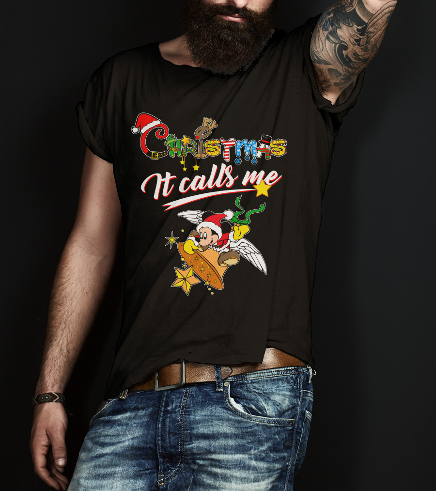 Christmas It Calls Me Mickey Santa Hat Winged Bell T-Shirt