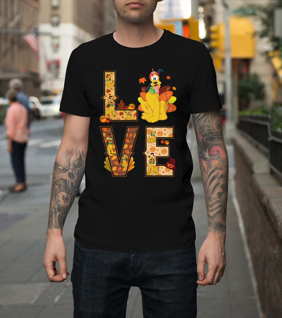 Pluto Thanksgiving Love Autumn Leaves And Pumpkins T-Shirt