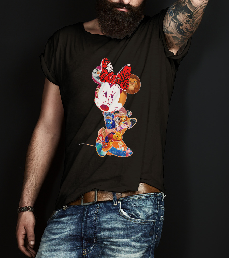 Disney Minnie Mouse With Olaf Simba Nemo Winnie Pooh Elsa Dory Mickey Characters T-Shirt