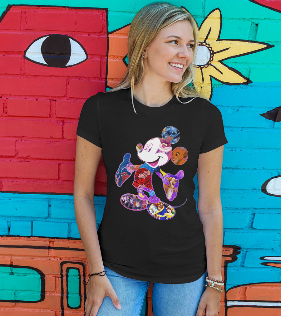 Mickey Mouse Collage Featuring Disney Characters From Lilo & Stitch The Lion King Finding Nemo Winnie The Pooh The Little Mermaid Beauty And The Beast T-Shirt