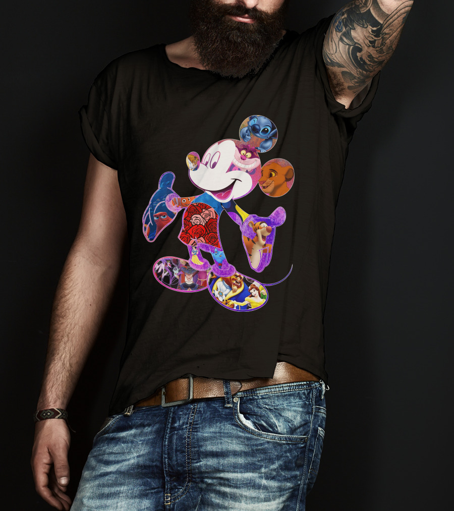 Mickey Mouse Collage Featuring Disney Characters From Lilo & Stitch The Lion King Finding Nemo Winnie The Pooh The Little Mermaid Beauty And The Beast T-Shirt