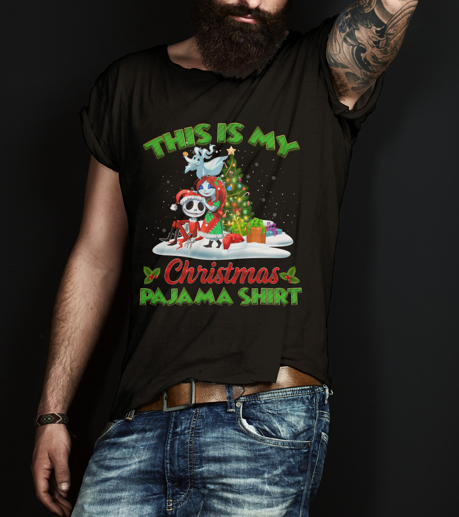 This Is My Christmas Pajama Shirt Jack Skellington And Sally Holiday Tree Scene T-Shirt