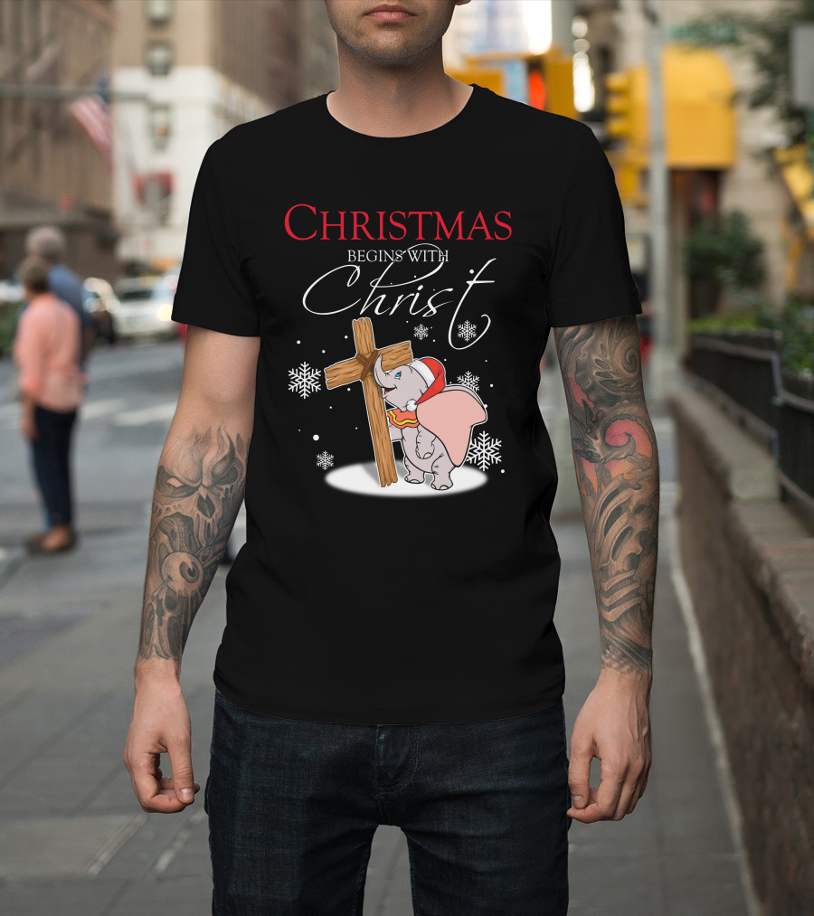 Christmas Begins With Christ Dumbo Santa Hat Cross Snowflakes T-Shirt
