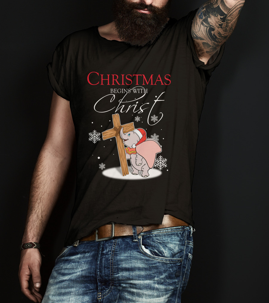 Christmas Begins With Christ Dumbo Santa Hat Cross Snowflakes T-Shirt