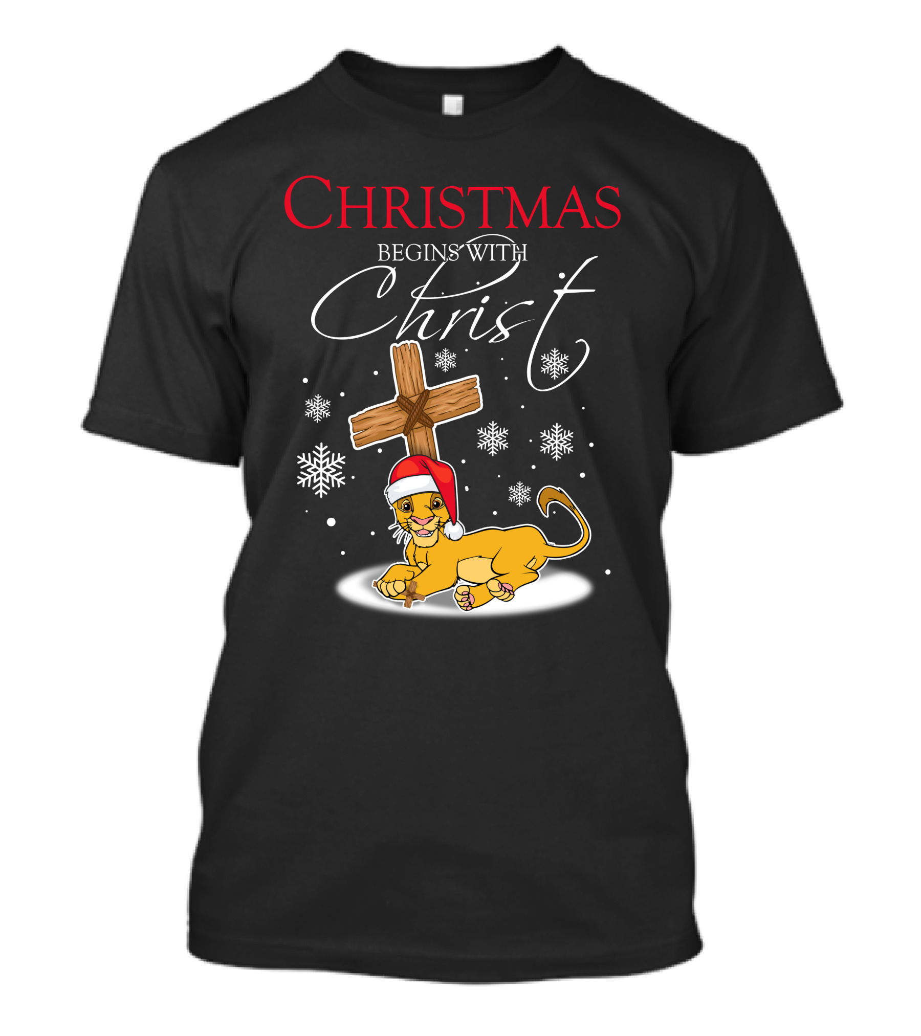 Christmas Begins With Christ Simba Snowflakes Santa Hat T-Shirt