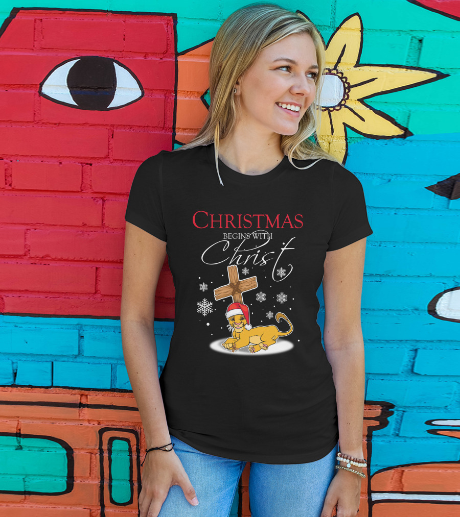 Christmas Begins With Christ Simba Snowflakes Santa Hat T-Shirt