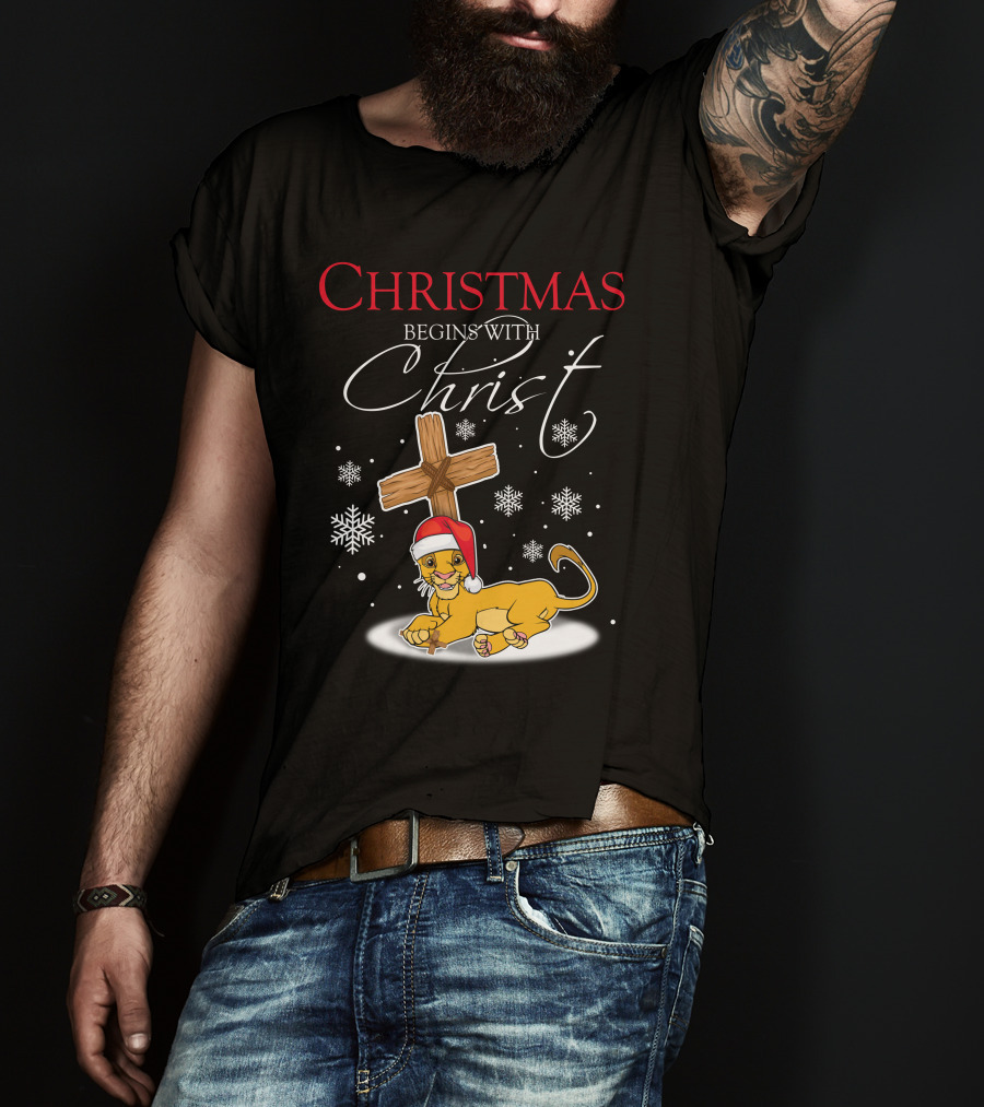 Christmas Begins With Christ Simba Snowflakes Santa Hat T-Shirt