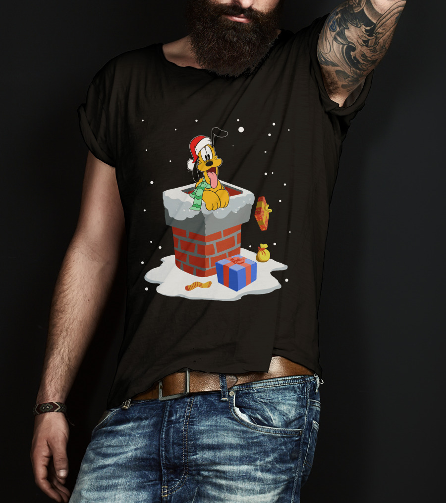 Pluto Christmas Chimney Santa Hat Holiday Scene T-Shirt