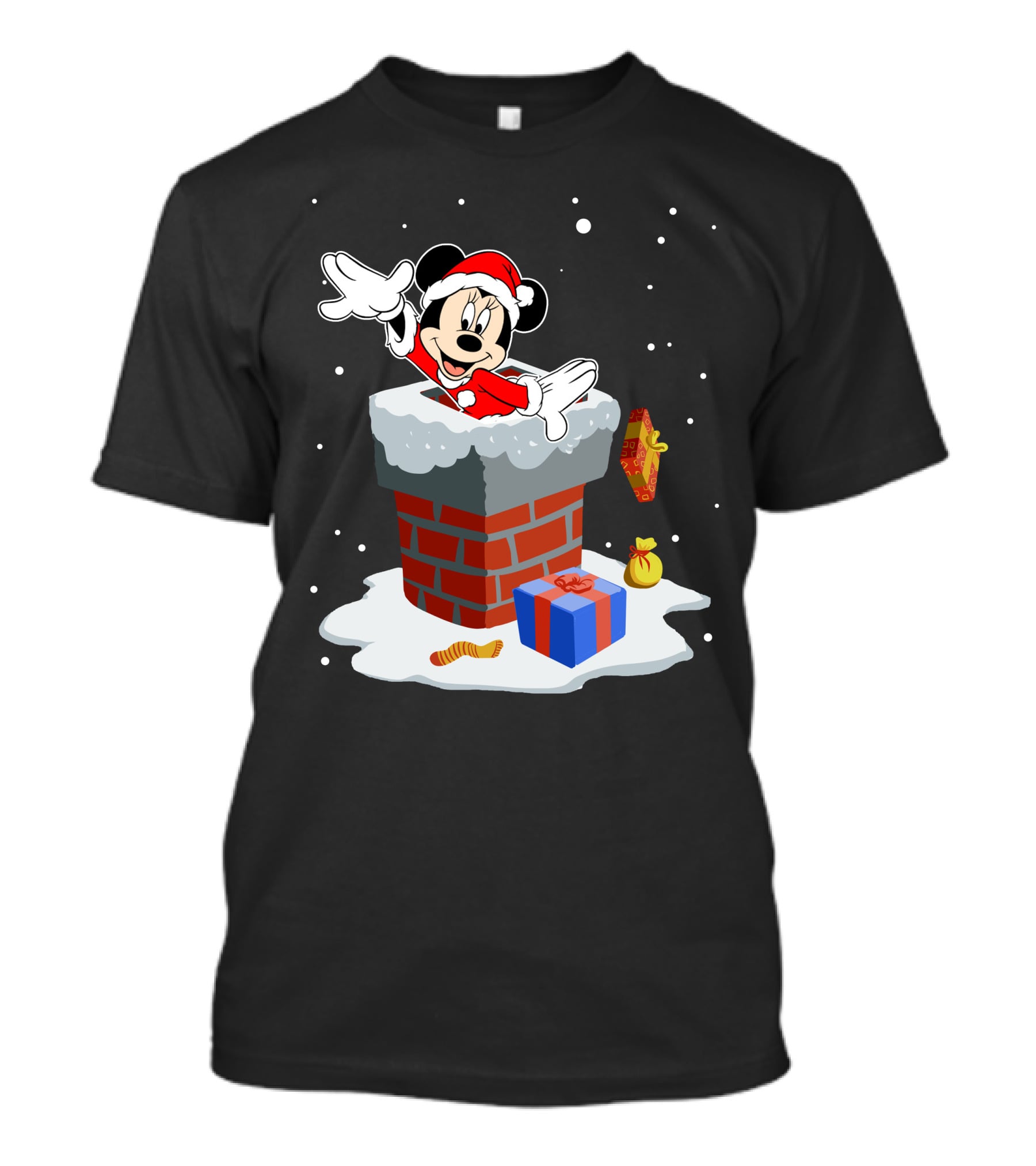 Minnie Mouse Santa In Chimney With Christmas Gifts And Snowflakes T-Shirt