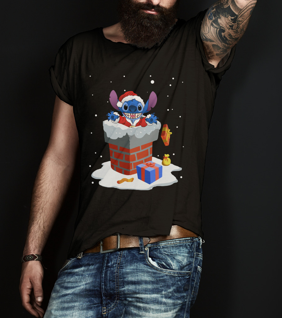 Stitch Santa Chimney Christmas Presents Snowfall T-Shirt