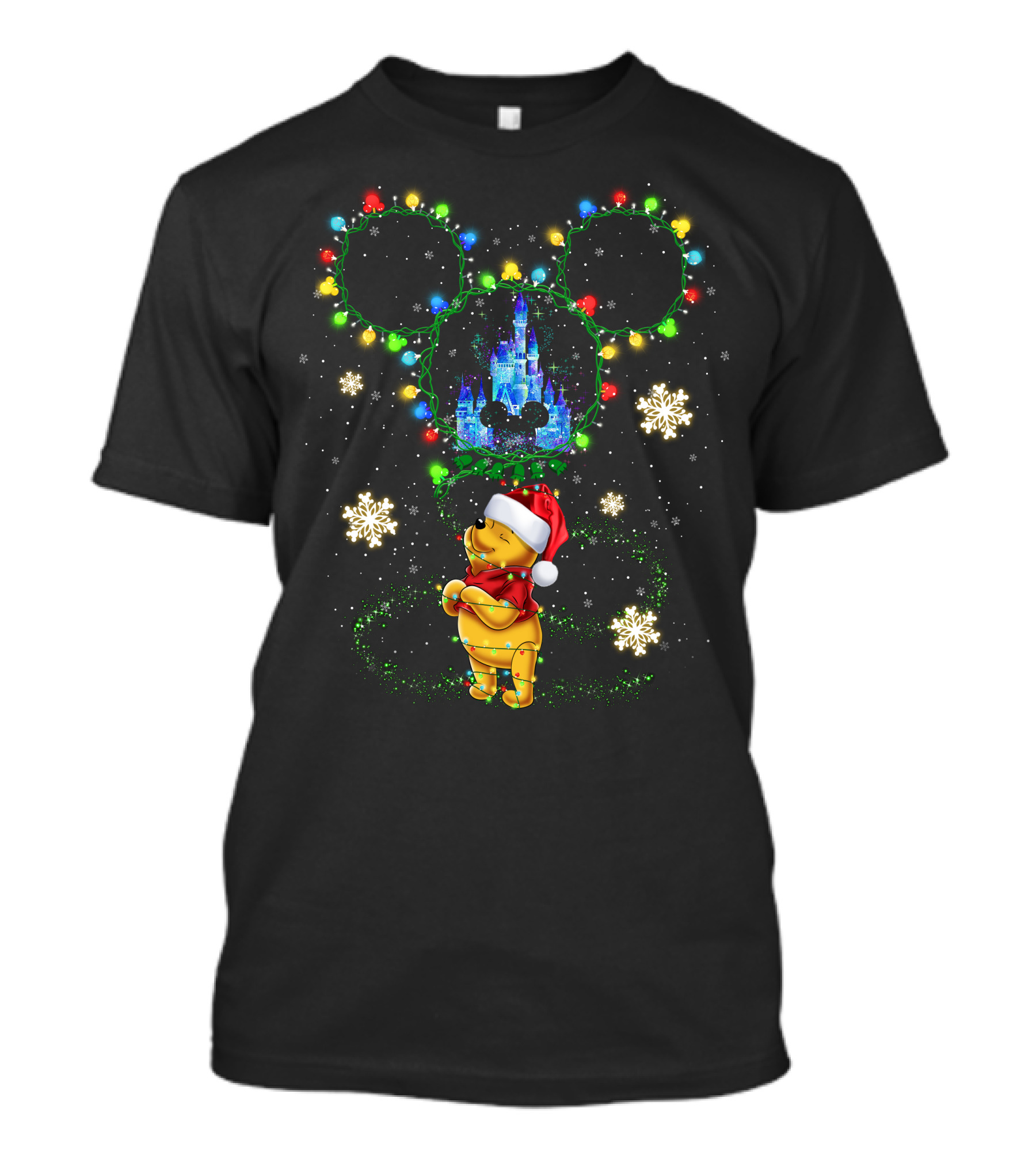 Winnie The Pooh Christmas Lights Castle Mickey Ears Snowflakes T-Shirt