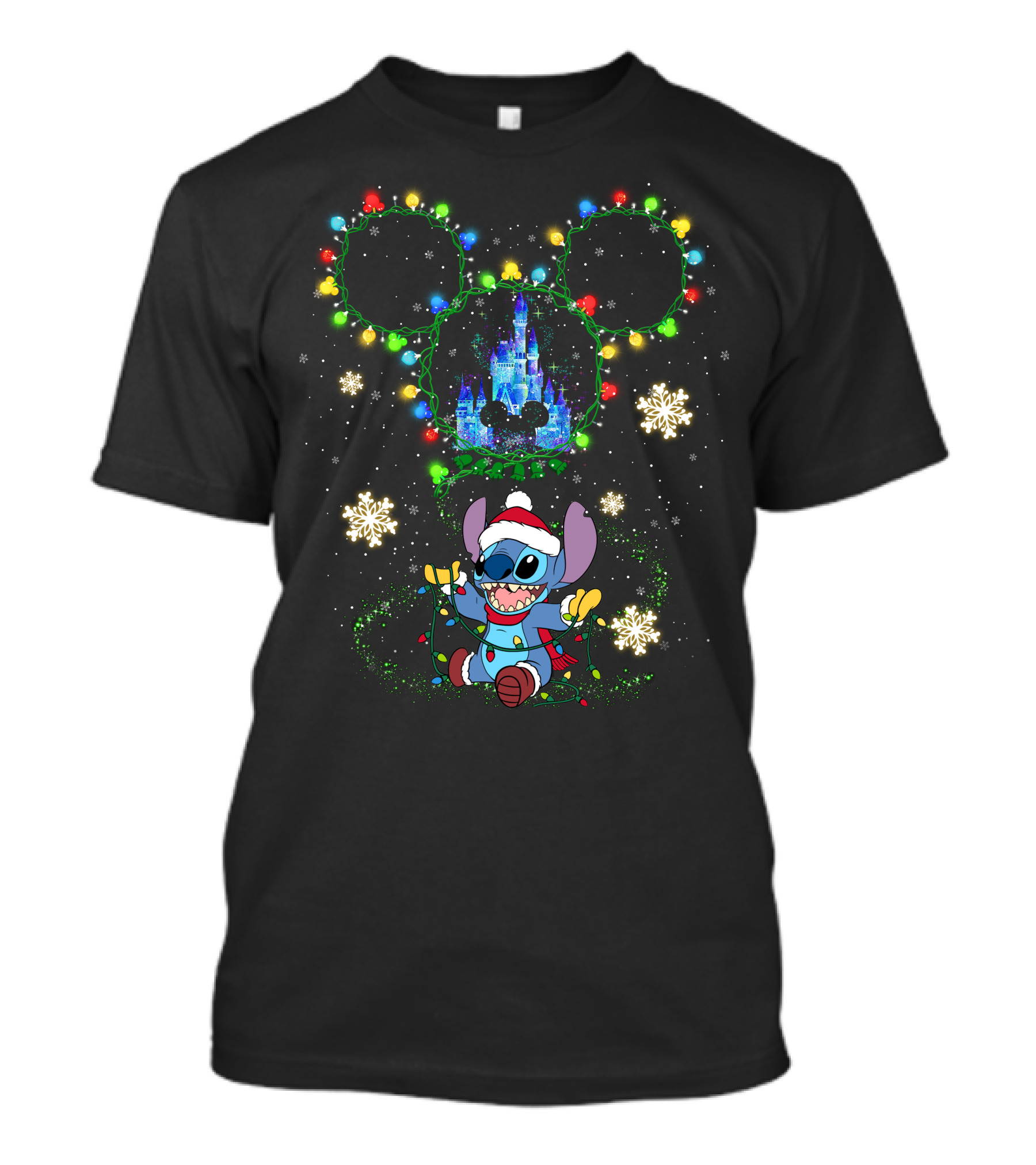 Stitch Christmas Disney Castle Mickey Mouse Ears Holiday Lights Snowflakes T-Shirt