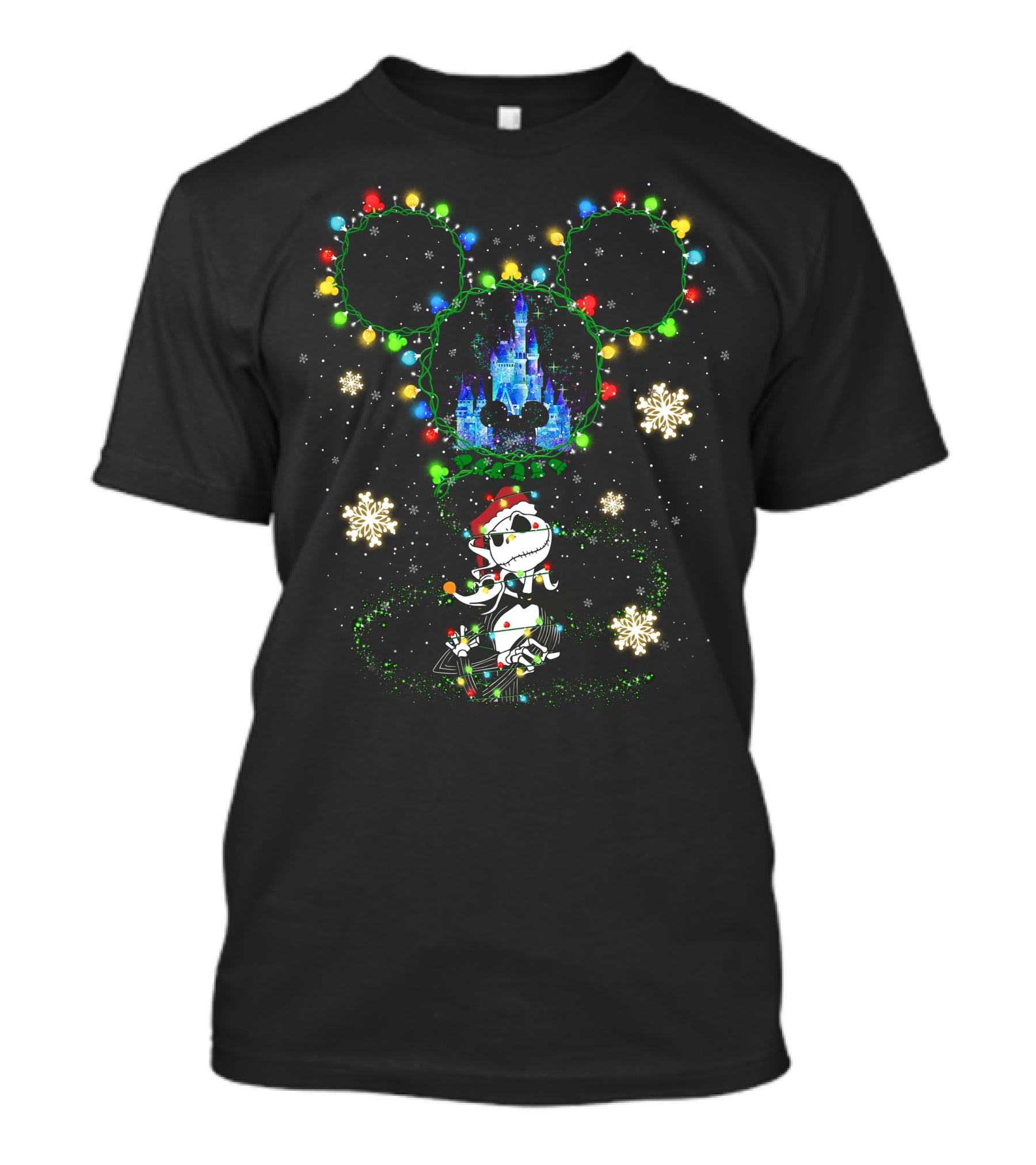 Jack Skellington Christmas Castle Mickey Lights Snowflakes T-Shirt
