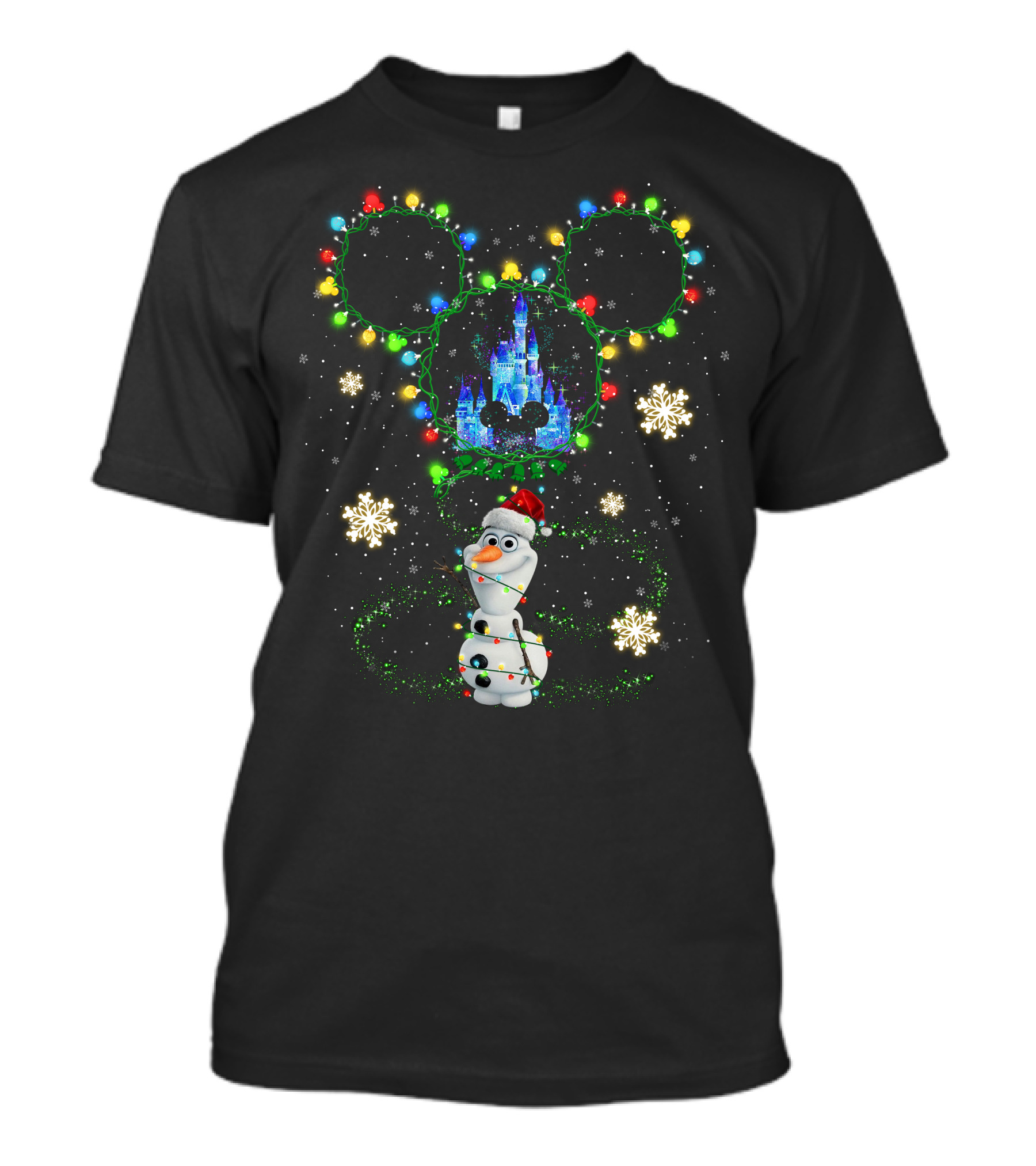 Olaf Christmas Lights Disney Castle With Mickey Ears Snowflakes T-Shirt