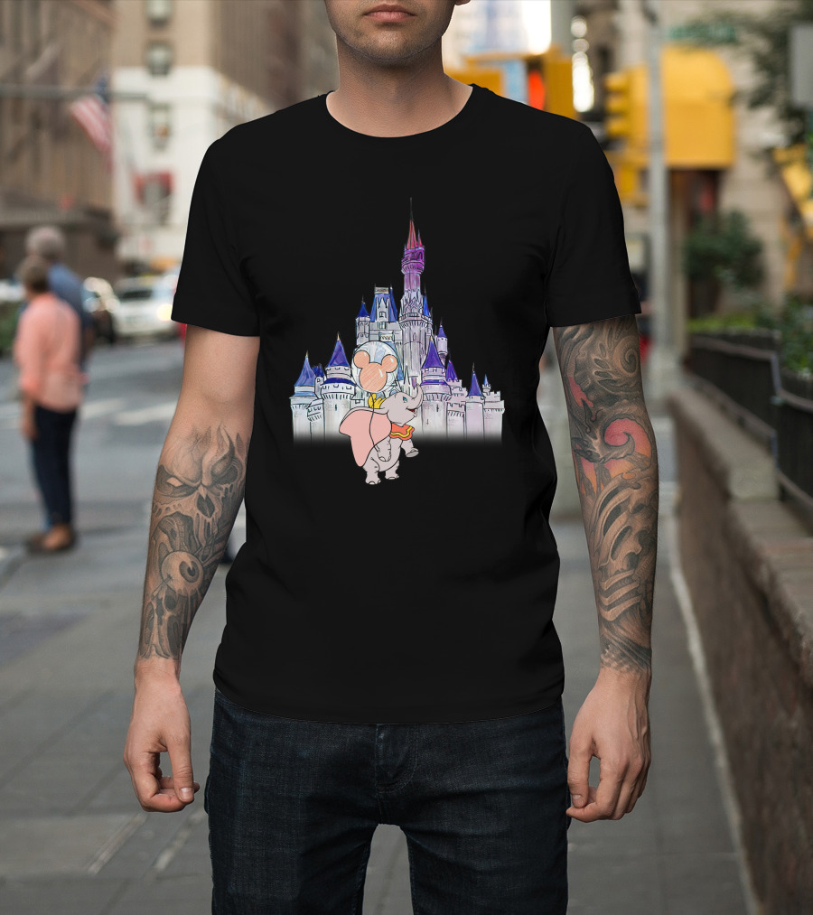 Dumbo With Mickey Balloon In Front Of Disney Castle T-Shirt
