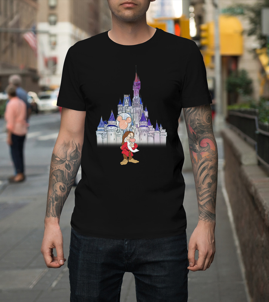 Grumpy Dwarf With Mickey Balloon At Disney Castle T-Shirt