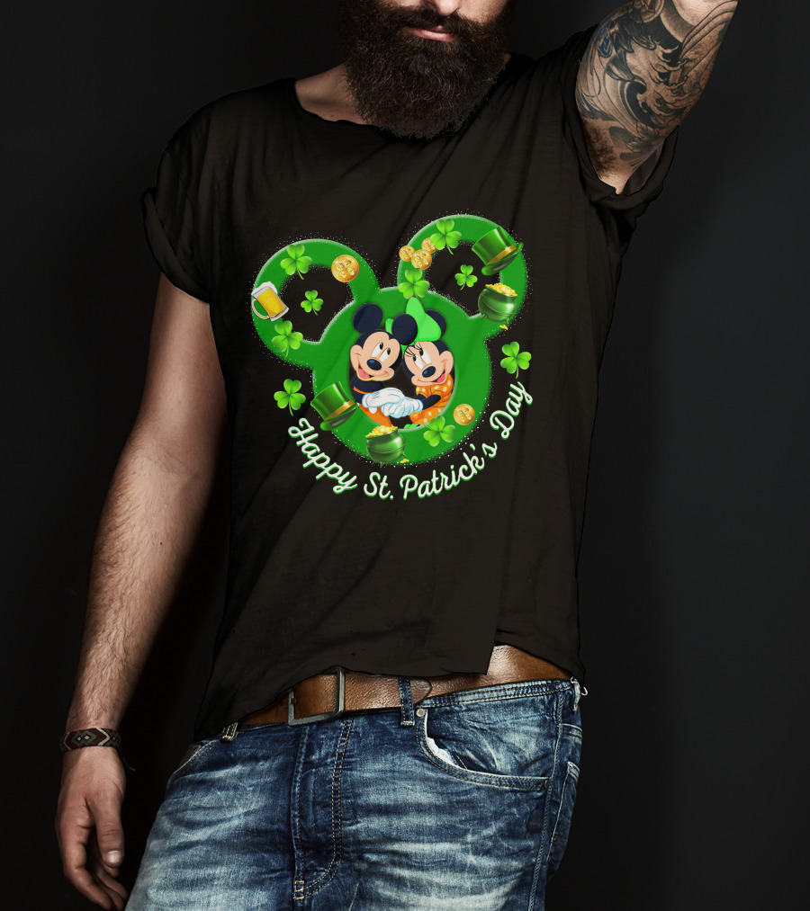 Happy St. Patrick's Day Mickey Minnie Shamrocks And Green Hats T-Shirt