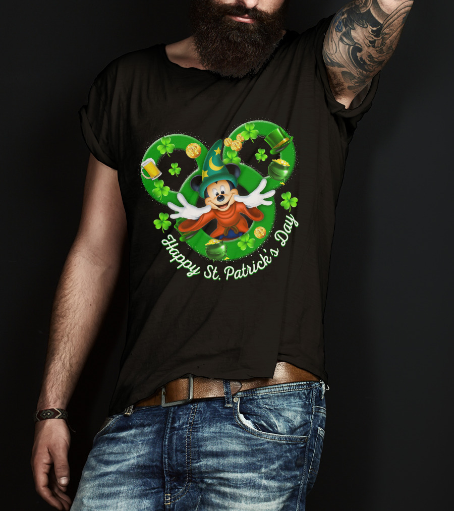 Happy St. Patrick's Day Mickey Fantasia Magic Hat Clover Coins T-Shirt