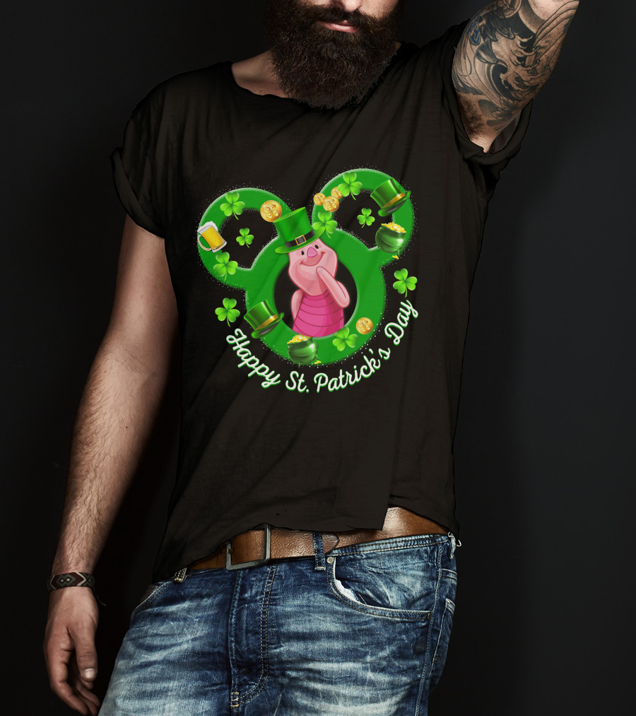 Piglet Happy St. Patrick’s Day Mickey Ears Shamrocks Coins Hat T-Shirt