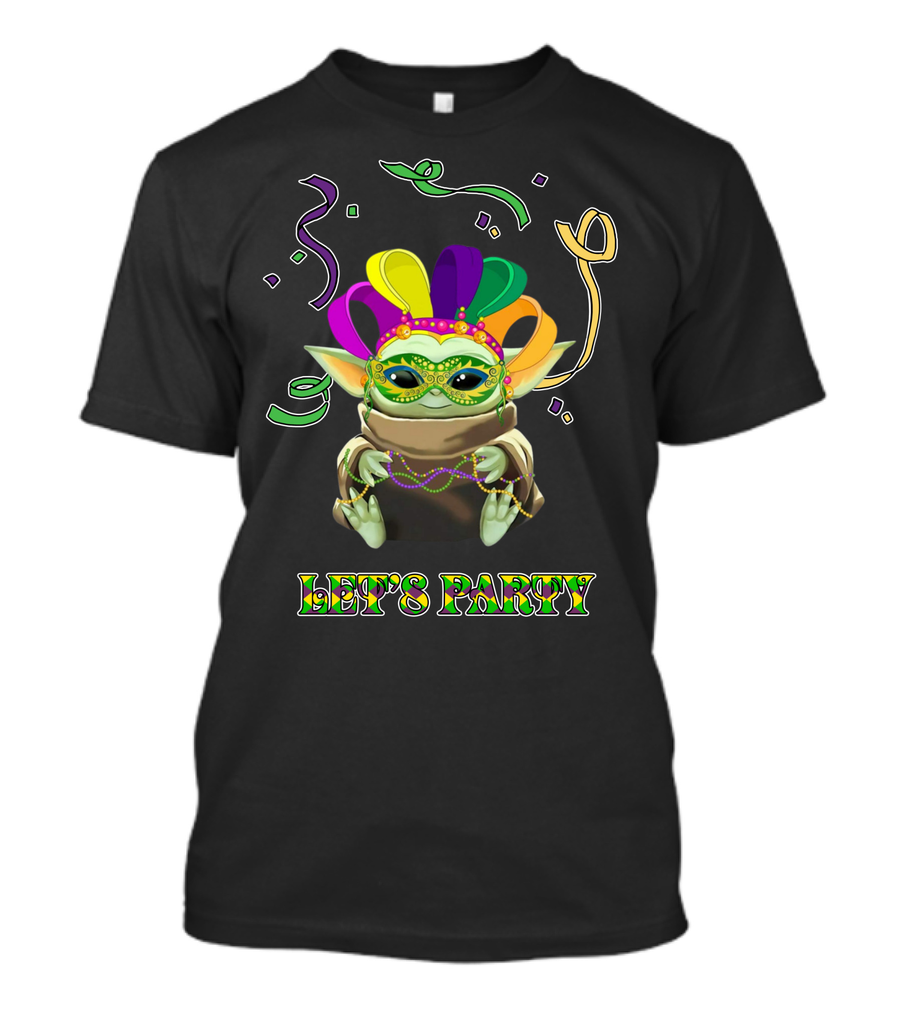 Baby Yoda Let's Party Mardi Gras Mask And Beads T-Shirt