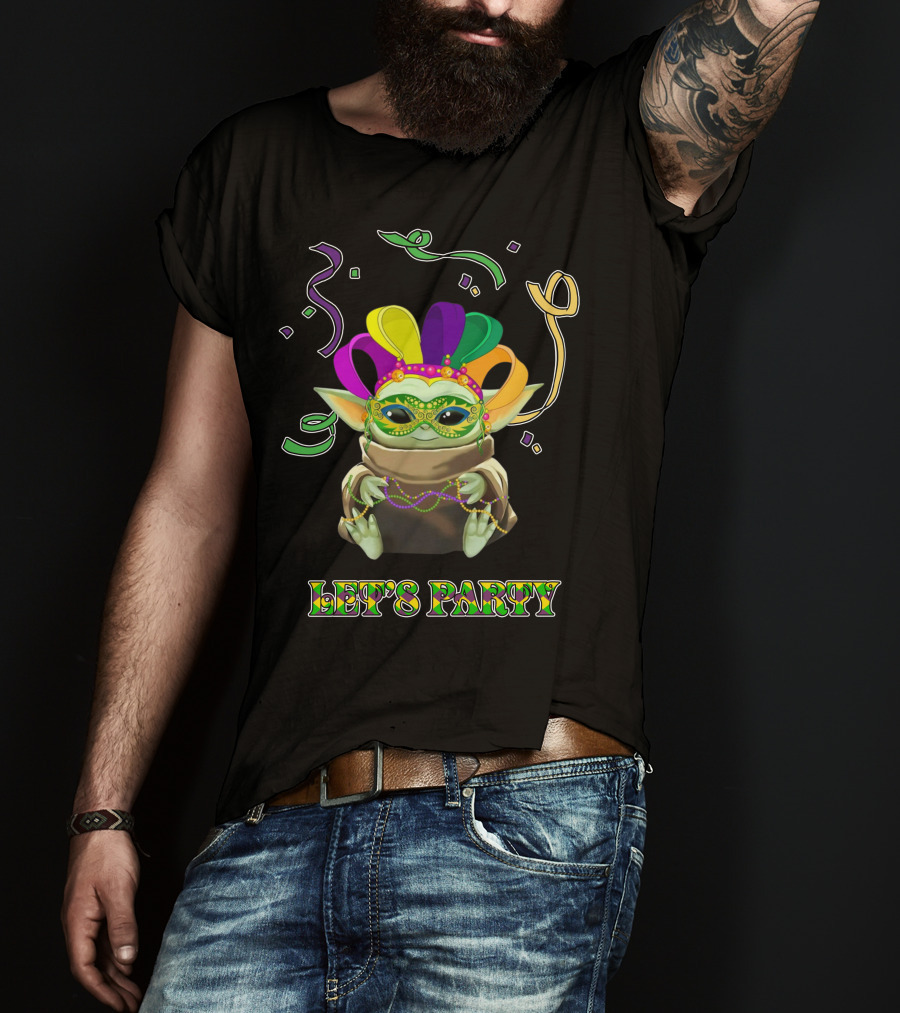Baby Yoda Let's Party Mardi Gras Mask And Beads T-Shirt