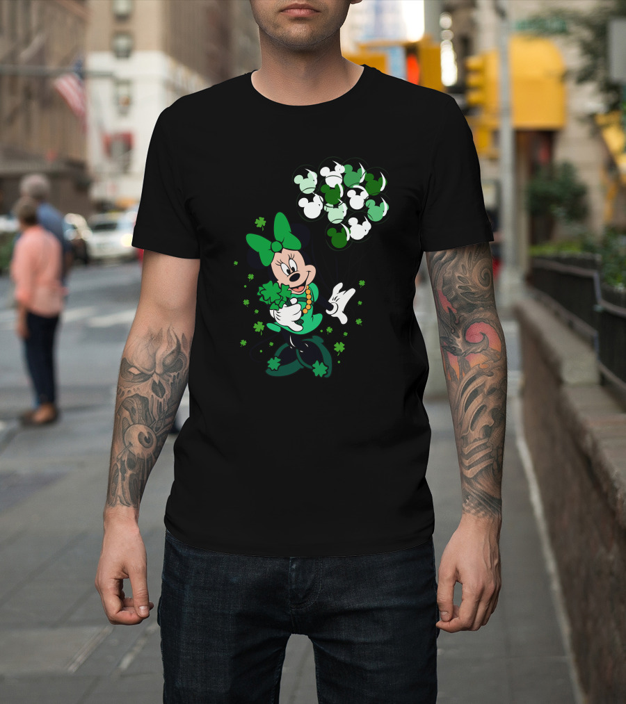 Minnie Mouse St. Patrick's Day With Shamrocks And Green Balloons T-Shirt