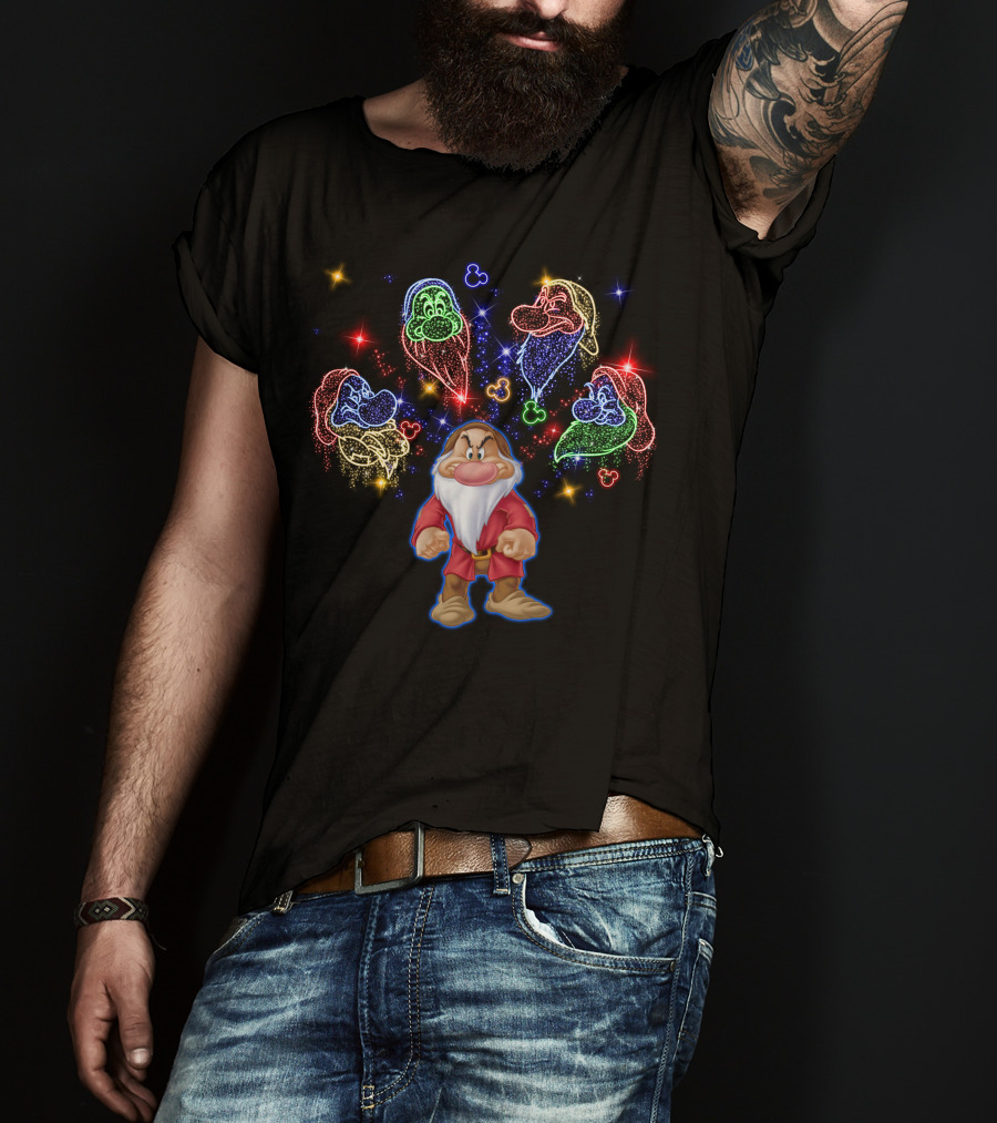 Grumpy And Dwarf Colorful Starry Burst With Mickey T-Shirt