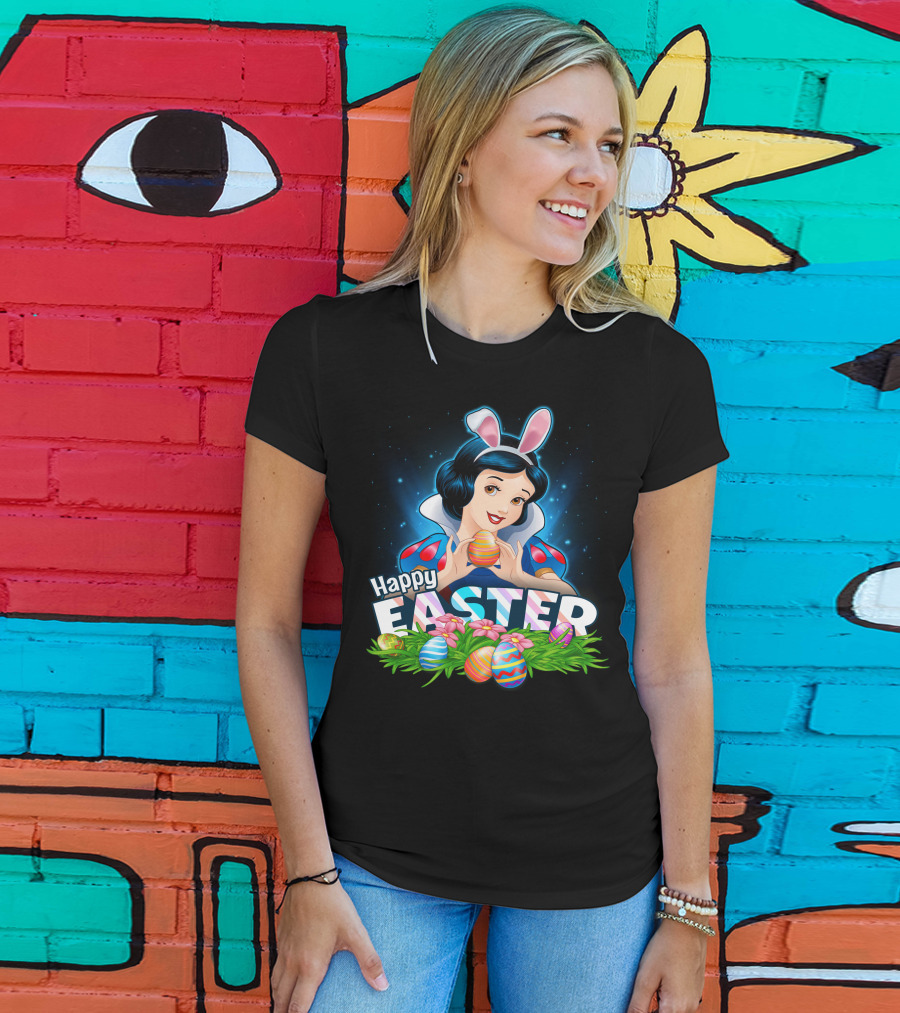 Snow White Happy Easter Bunny Ears Colorful Eggs T-Shirt