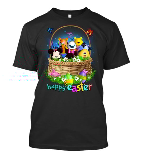Happy Easter Basket With Colorful Eggs And Characters T-Shirt