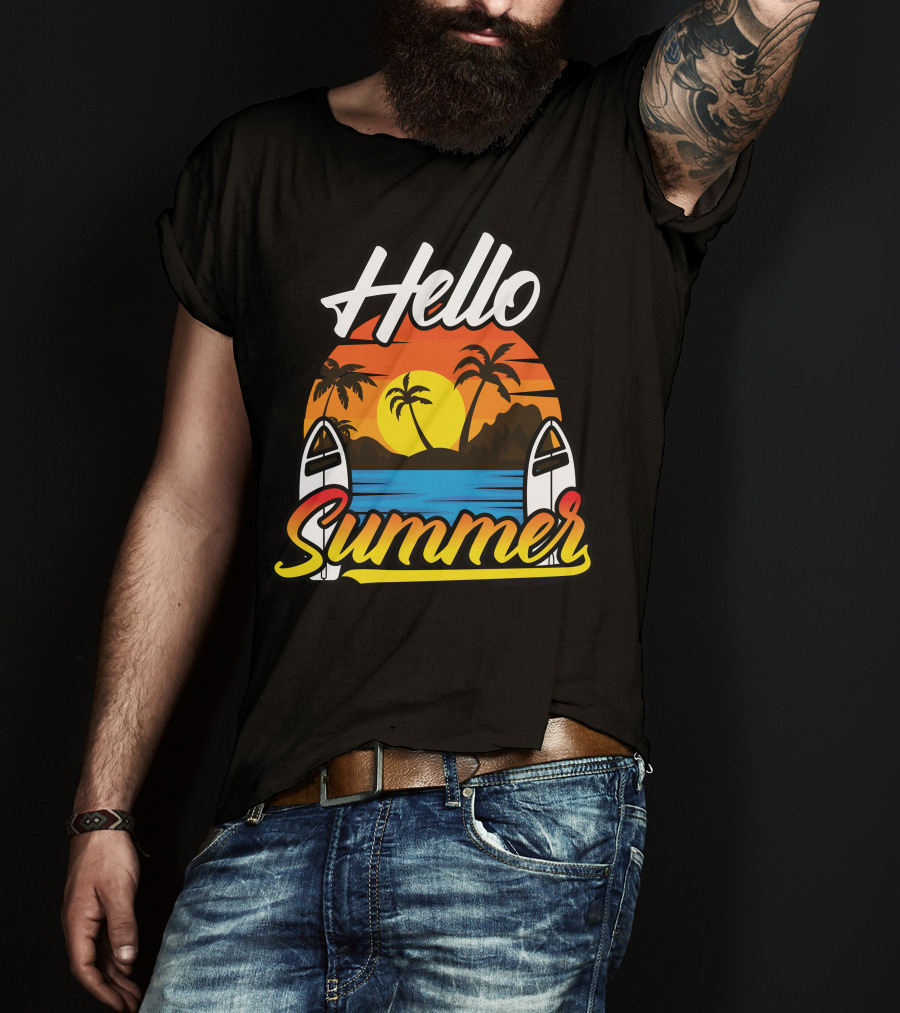 Hello Summer Sunset Surfing Beach Scene T-Shirt