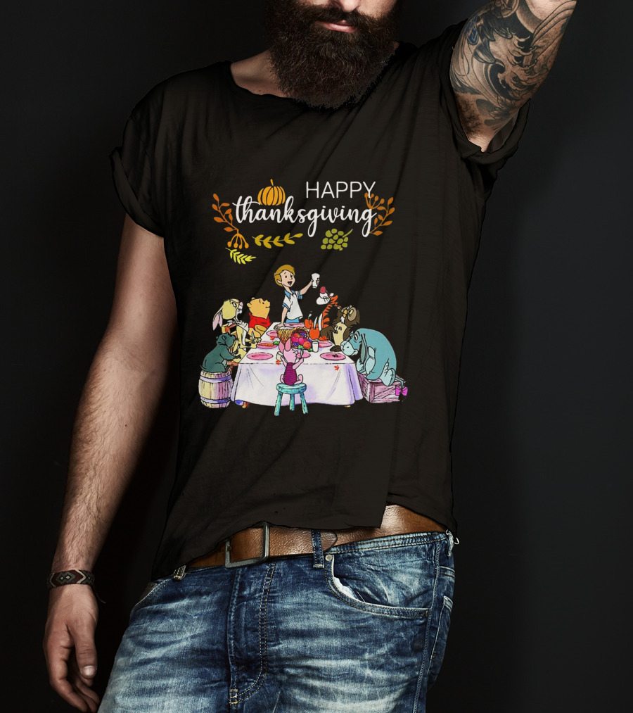 Winnie The Pooh Happy Thanksgiving Celebration With Friends At Dining Table T-Shirt
