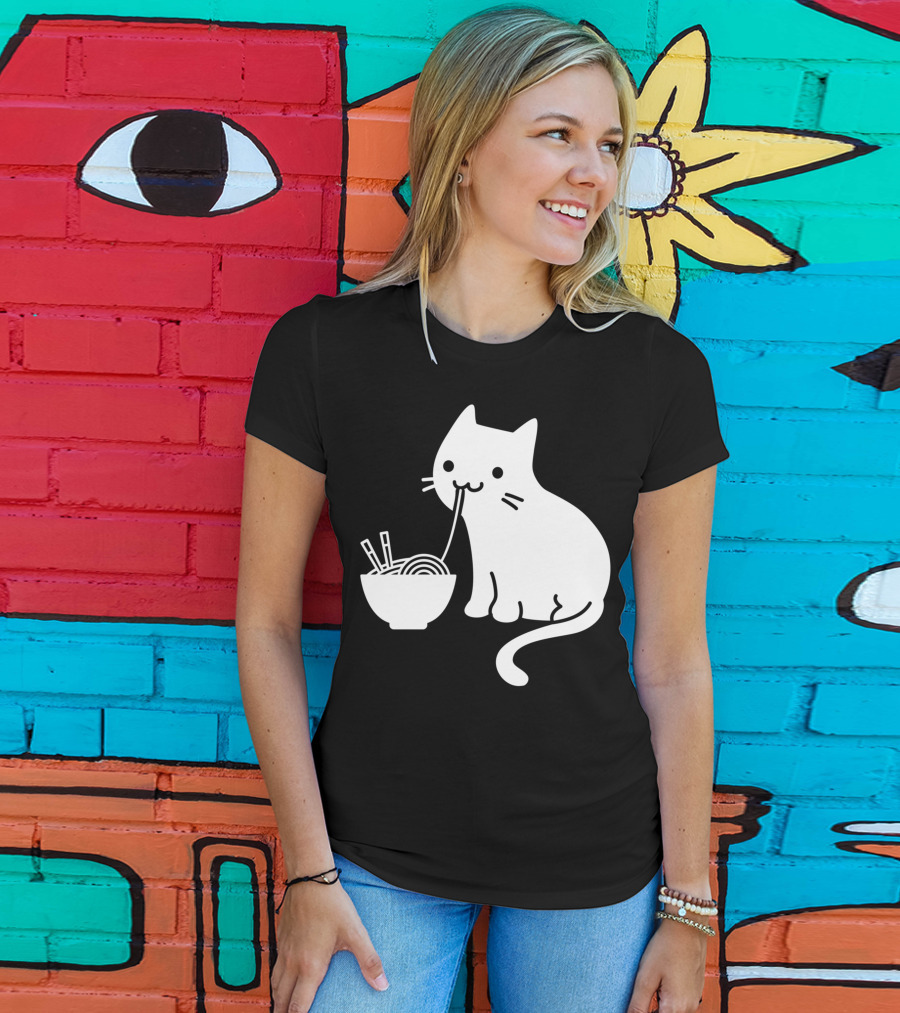 Chat Mignon Manger Ramen Essentiel Blanc Noir T-Shirt