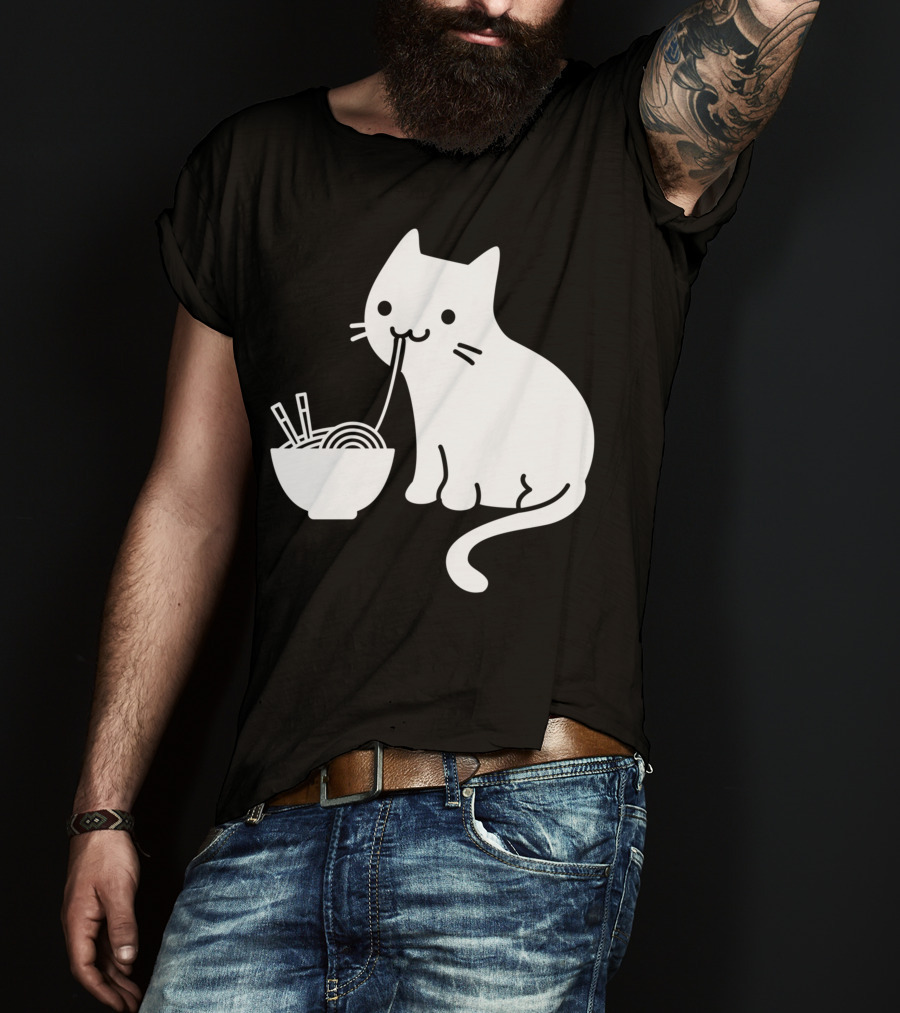 Chat Mignon Manger Ramen Essentiel Blanc Noir T-Shirt
