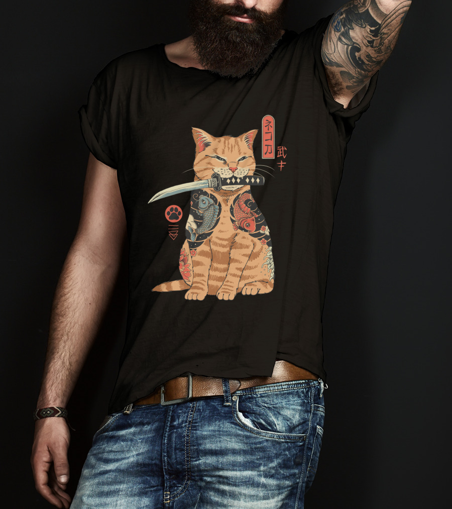 Catana Classique Samurai Cat Kanji Tattoo Koi Fish Katana T-Shirt
