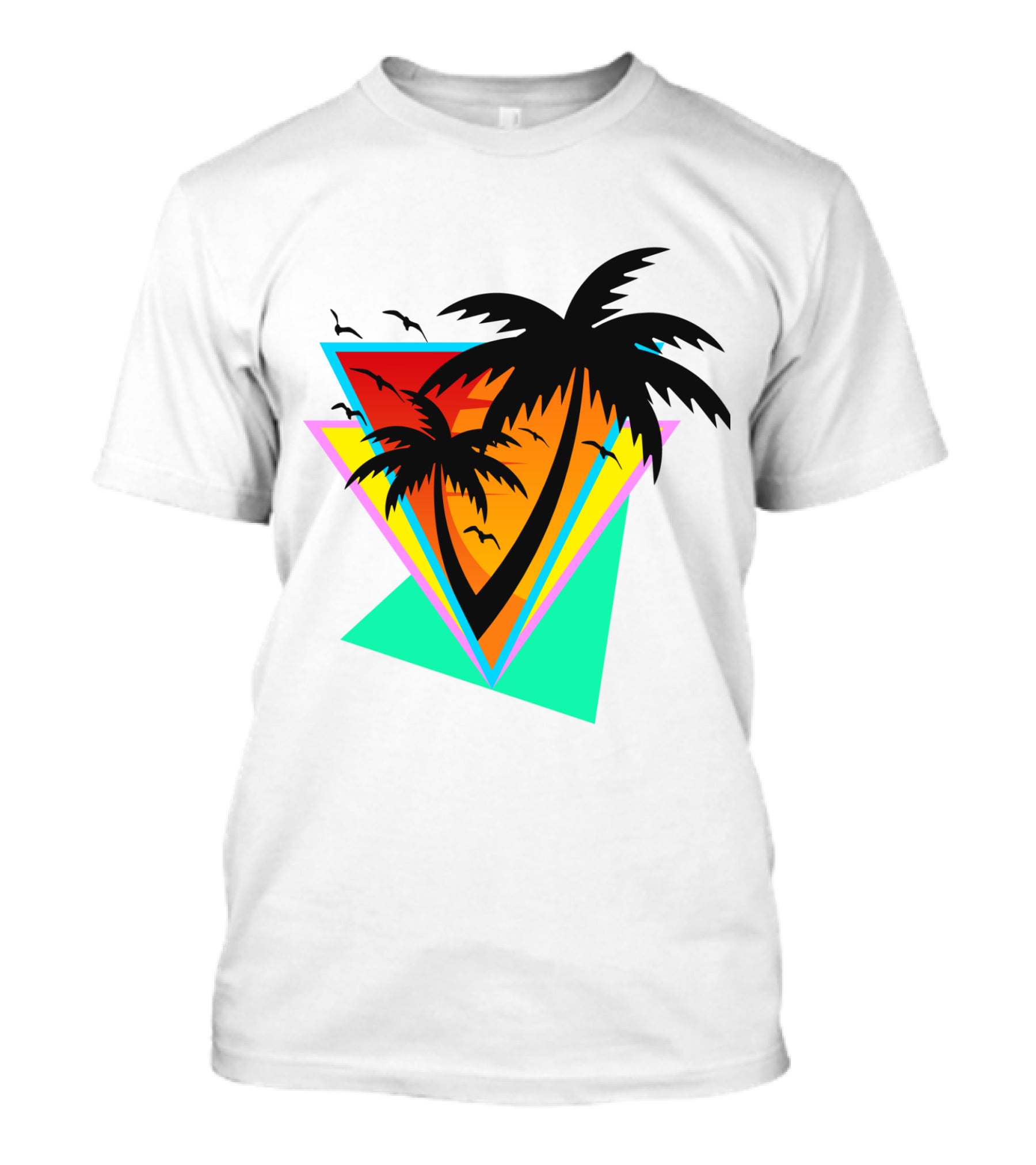 The Sea And You Tropical Palm Sunset With Geometric Triangles And Birds T-Shirt