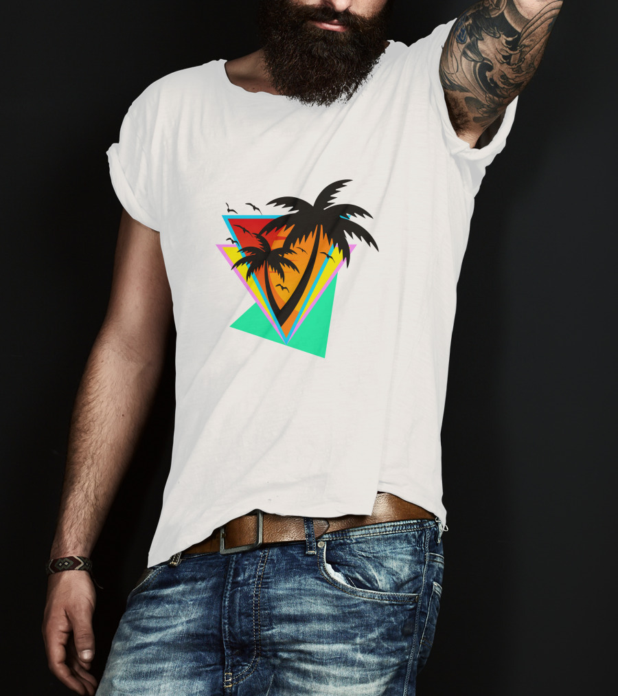 The Sea And You Tropical Palm Sunset With Geometric Triangles And Birds T-Shirt