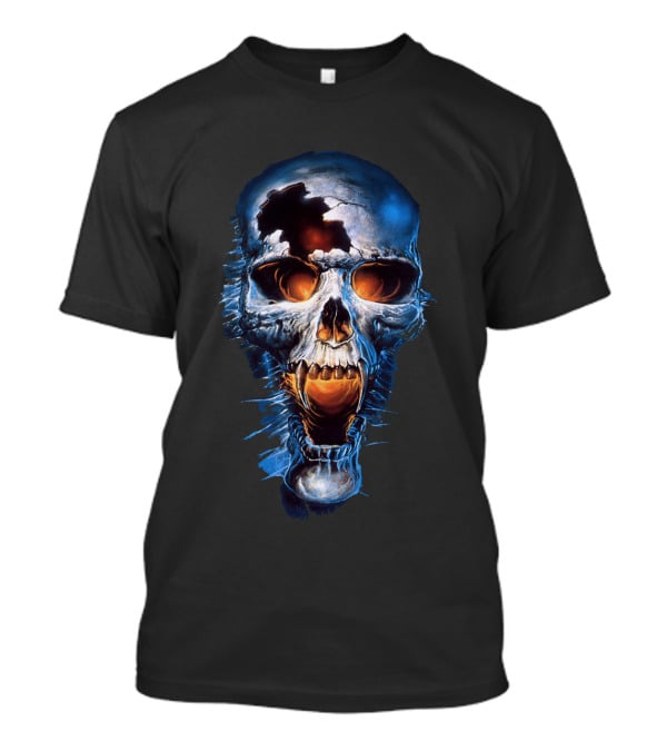 Skull Halloween Blue Metallic Fiery Eyes T-Shirt