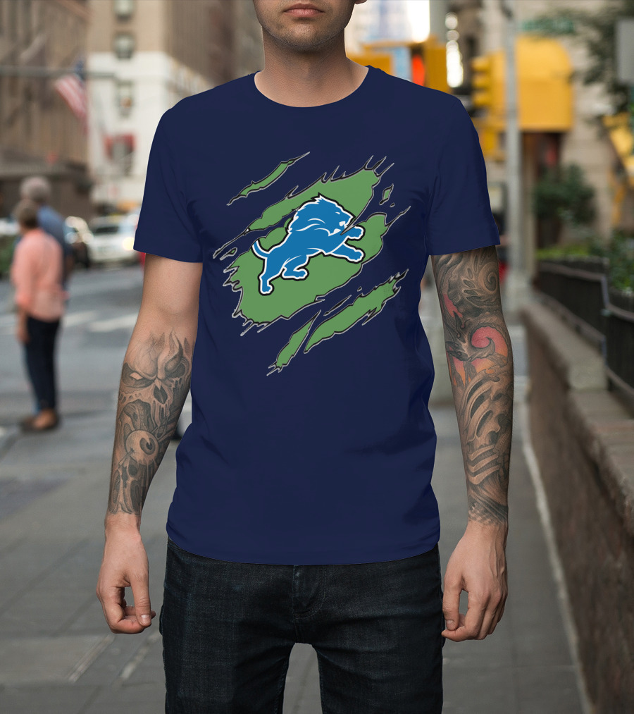 Detroit Lions Blue Roaring Lion With Claw Marks T-Shirt