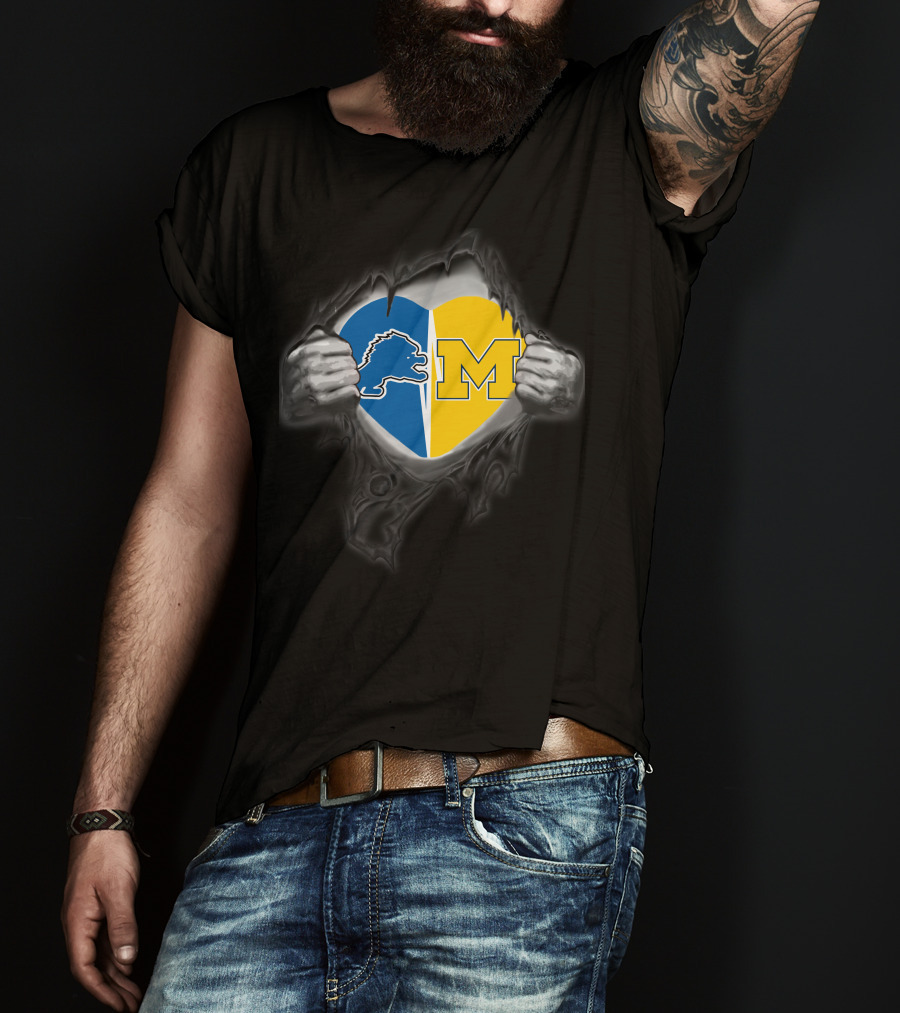 Detroit Lions Michigan Wolverine Heart Fusion T-Shirt
