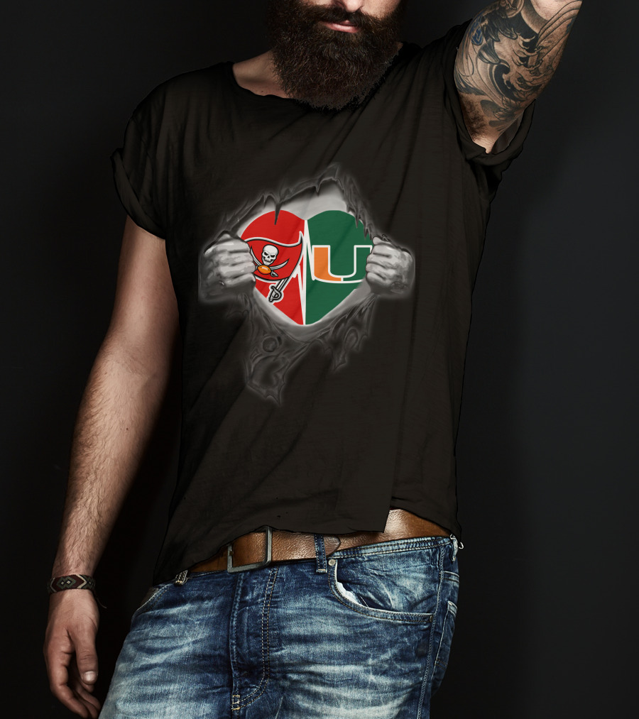Tampa Bay Buccaneers Miami Hurricanes Heart Torn T-Shirt