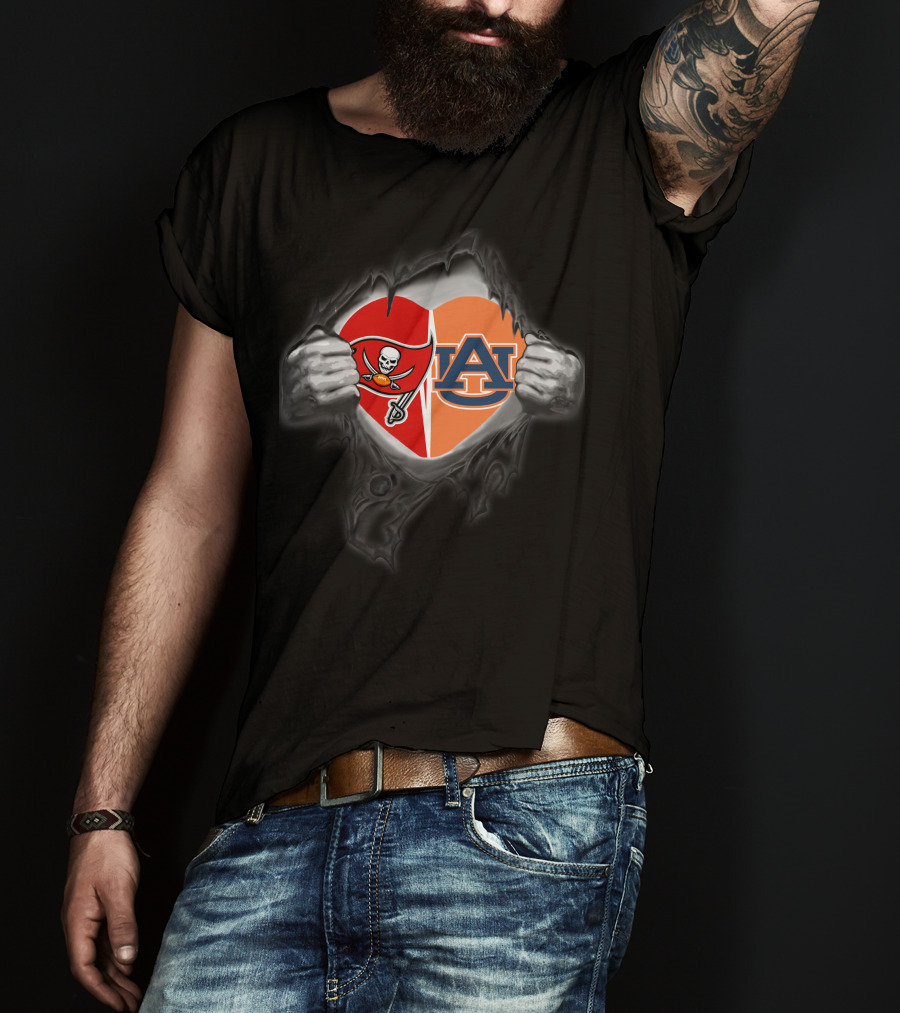 Tampa Bay Buccaneers Auburn Tigers Heart Emblem Peeling Back Layers T-Shirt