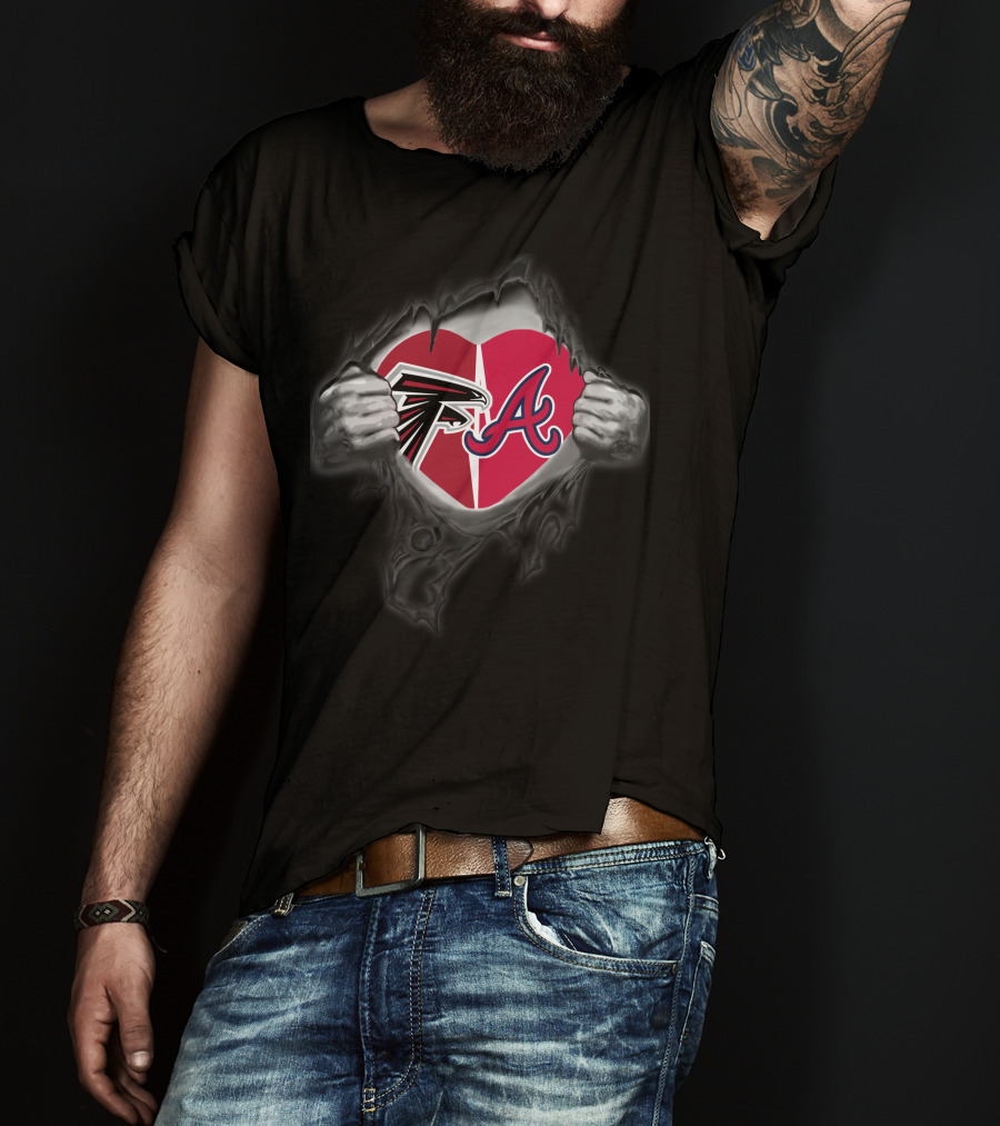 Falcons Braves Heart With Logos Inside Ripped Chest T-Shirt