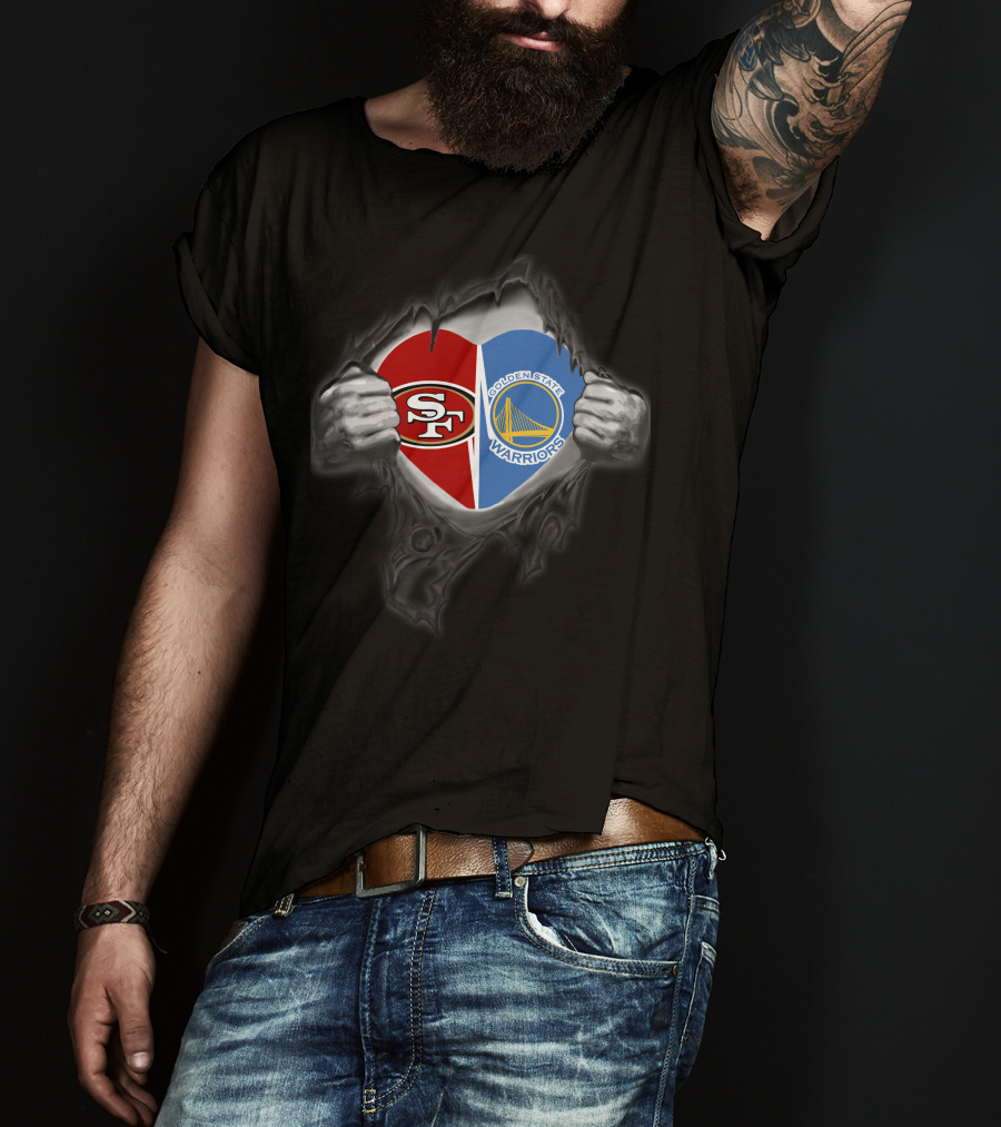 Sf 49ers Golden State Warriors Heart Logo Tear Effect T-Shirt