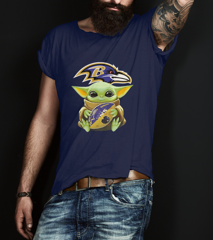 Baltimore Ravens Baby Yoda Holding Football With Team T-Shirt
