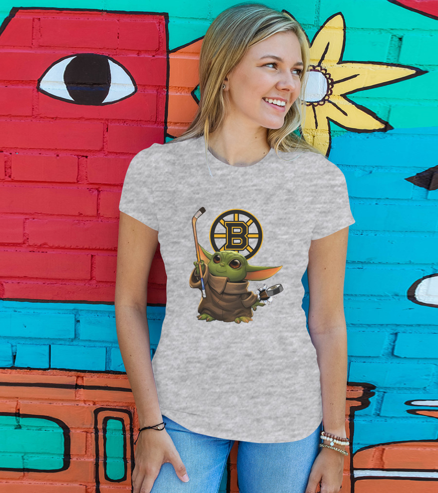 Boston Bruins Baby Yoda Hockey Stick Puck Character T-Shirt