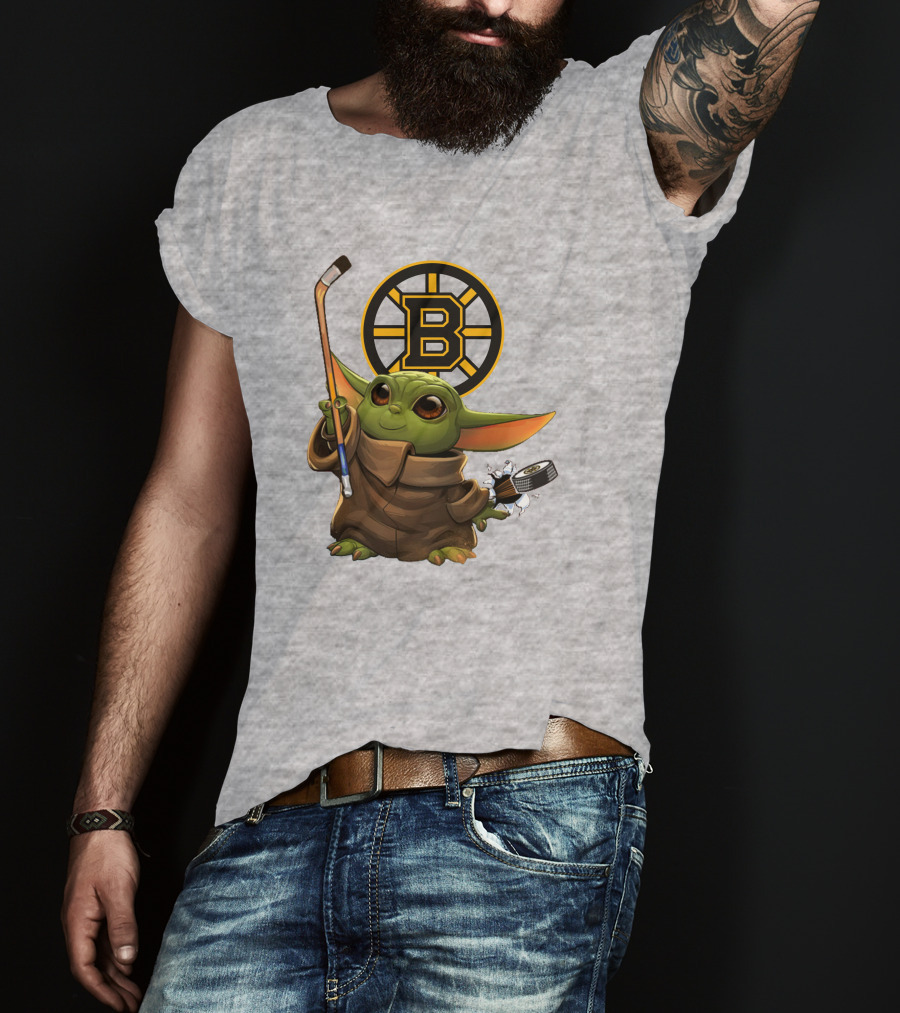 Boston Bruins Baby Yoda Hockey Stick Puck Character T-Shirt